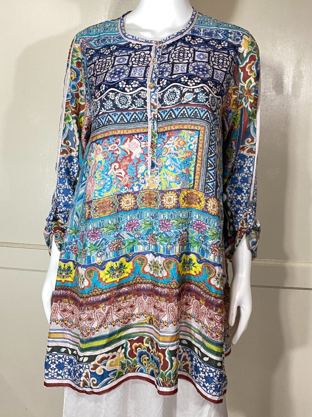 JOHNNY WAS 100% Silk Tunic Top Boho Paisley Patchwork Print Multicolor M ($328)
